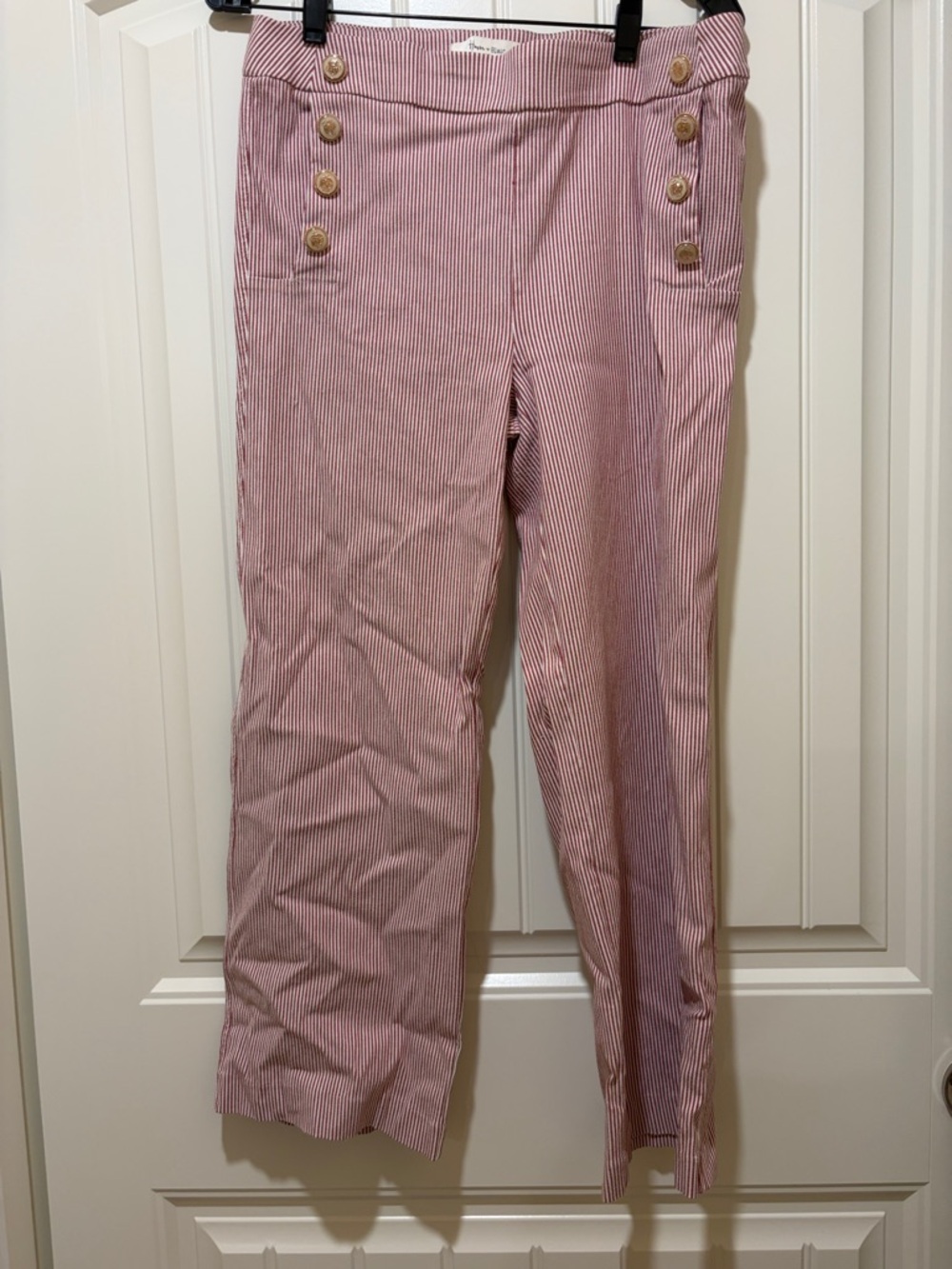 Women's Straight-Leg Red Pinstripe Pants with Button Detail